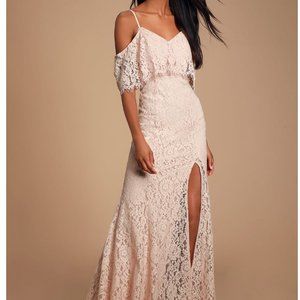 Lulus Caterina Blush Lace Off-the-Shoulder Maxi Dress
